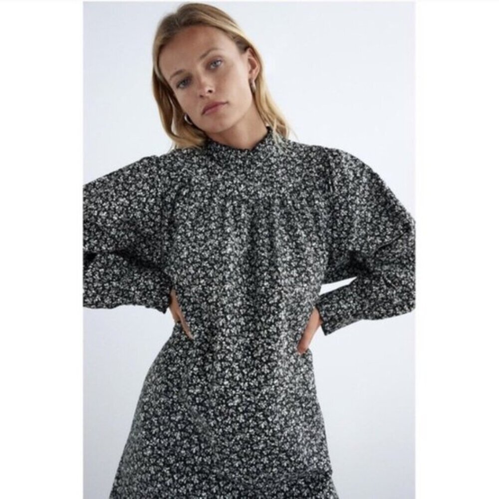 Zara Black and White Floral Dress- POPLIN DRESS - Picture 3 of 13